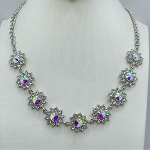 AB Crystal Floral Statement Necklace Silver Tone Rhinestone Flower Chain